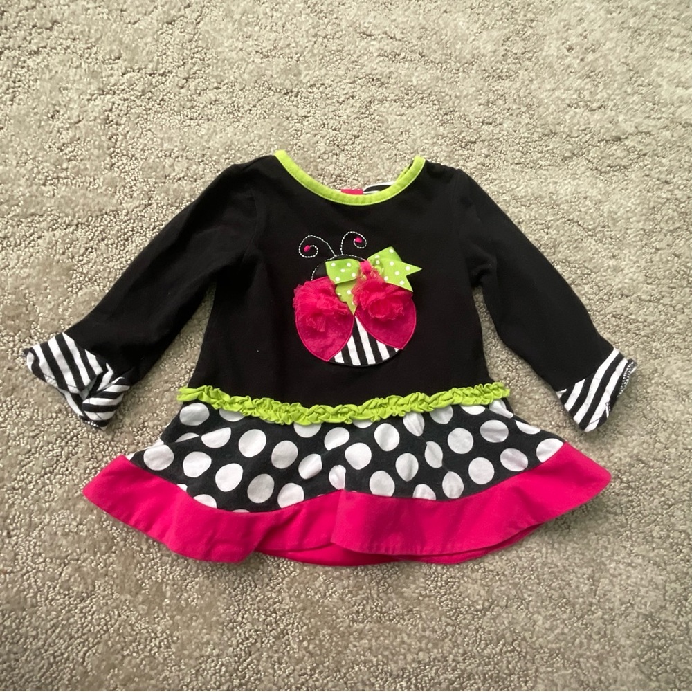 Rare, Too! Polka Dot, Stripes Black, Pink, Green Lady Bug Long Sleeve Size 12M